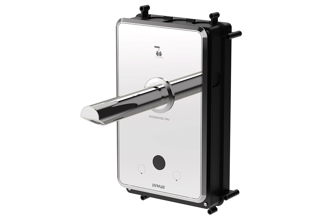 Aquablend eSQX MK2 Touch-Free Auto Sense Point-of-Use Thermostatic Wall Mixer with 200mm Spout 4/6Lpm Laminar Mains/Battery - Front of Wall Component