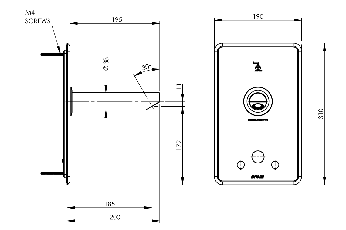Aquablend eSQX MK2 Touch-Free Auto Sense Point-of-Use Thermostatic Wall Mixer with 200mm Spout 4/6Lpm Laminar Mains/Battery - Front of Wall Component