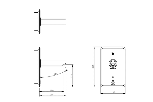 Aquablend: eSQX - Touch-Free - Auto Sense Point-of-Use Thermostatic Wall Mixer - Front of Wall Component - 12V Mains - 200mm Spout