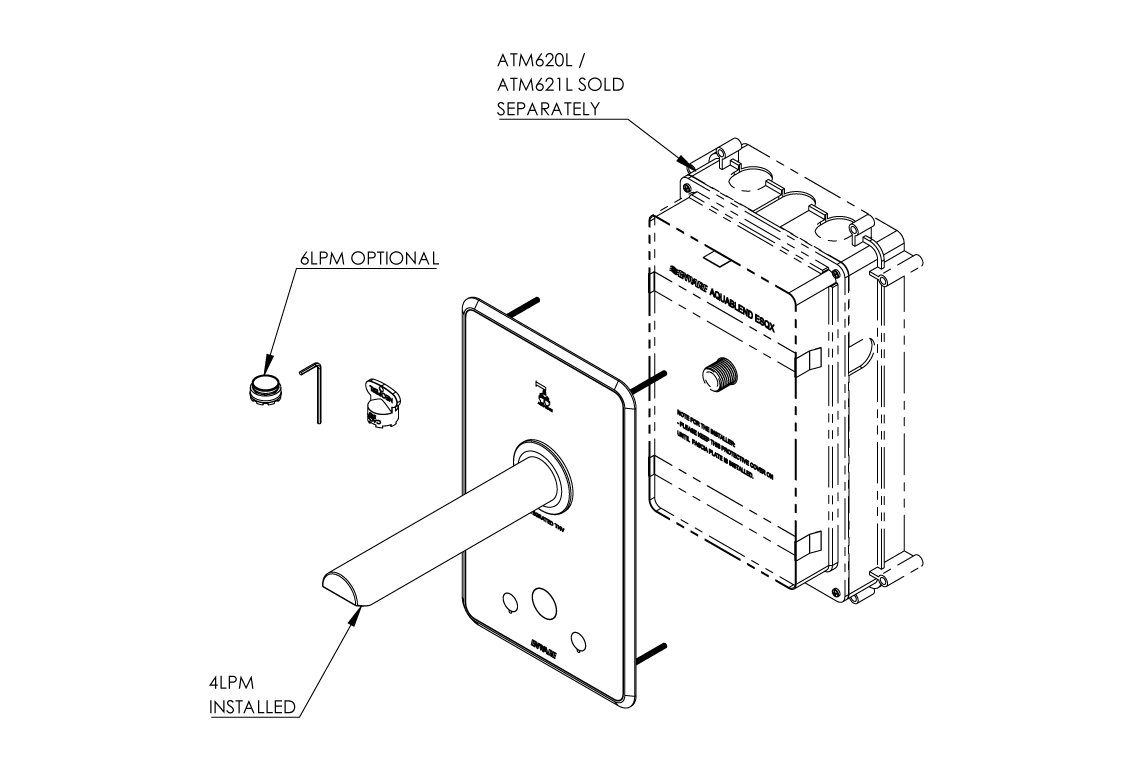 Aquablend eSQX MK2 Touch-Free Auto Sense Point-of-Use Thermostatic Wall Mixer with 230mm Spout 4/6Lpm Laminar Mains/Battery - Front of Wall Component