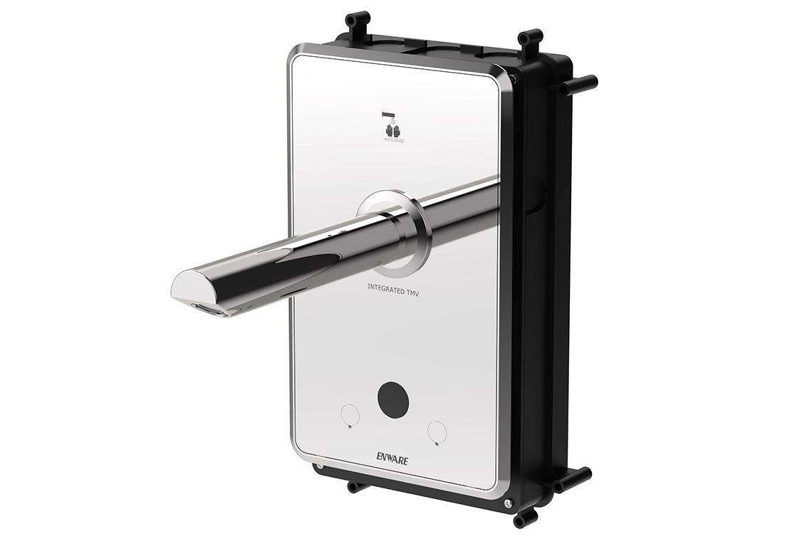 Aquablend eSQX MK2 Touch-Free Auto Sense Point-of-Use Thermostatic Wall Mixer with 230mm Spout 4/6Lpm Laminar Mains/Battery - Front of Wall Component