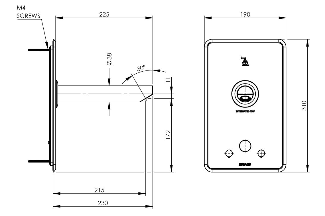 Aquablend eSQX MK2 Touch-Free Auto Sense Point-of-Use Thermostatic Wall Mixer with 230mm Spout 4/6Lpm Laminar Mains/Battery - Front of Wall Component