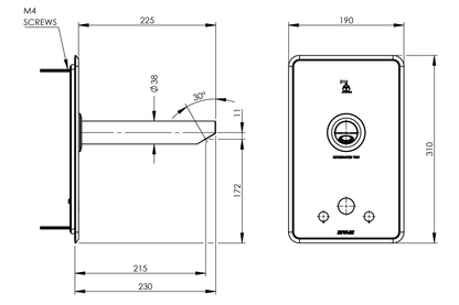 Aquablend eSQX MK2 Touch-Free Auto Sense Point-of-Use Thermostatic Wall Mixer with 230mm Spout 4/6Lpm Laminar Mains/Battery - Front of Wall Component