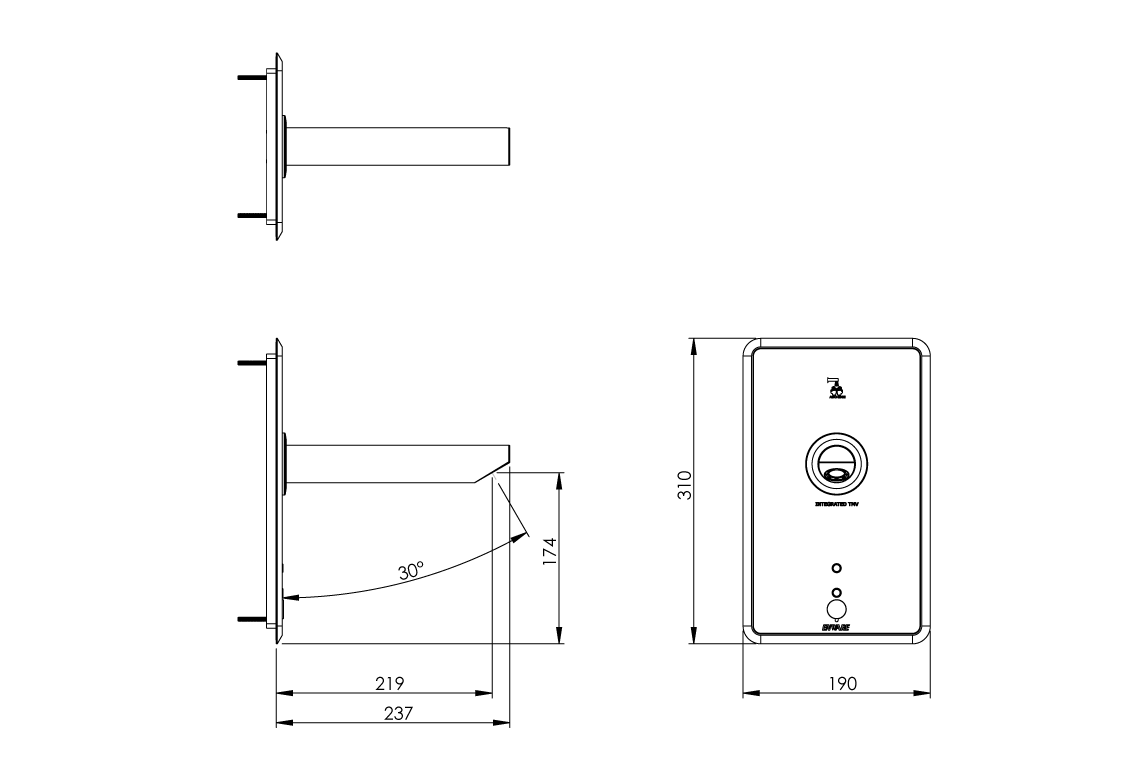 Aquablend eSQX Touch-Free Auto Sense Point-of-Use Thermostatic Wall Mixer - Front of Wall Component - 230mm Spout