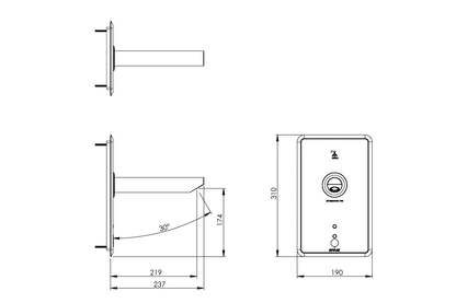 Aquablend eSQX Touch-Free Auto Sense Point-of-Use Thermostatic Wall Mixer - Front of Wall Component - 230mm Spout
