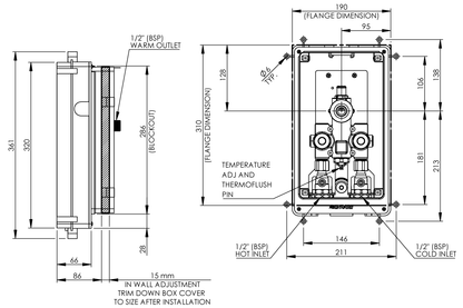 Aquablend eSQX LF Touch-Free Point-of-Use Thermostatic Wall Mixer Thermal Flush - Back of Wall Component - 3V Battery