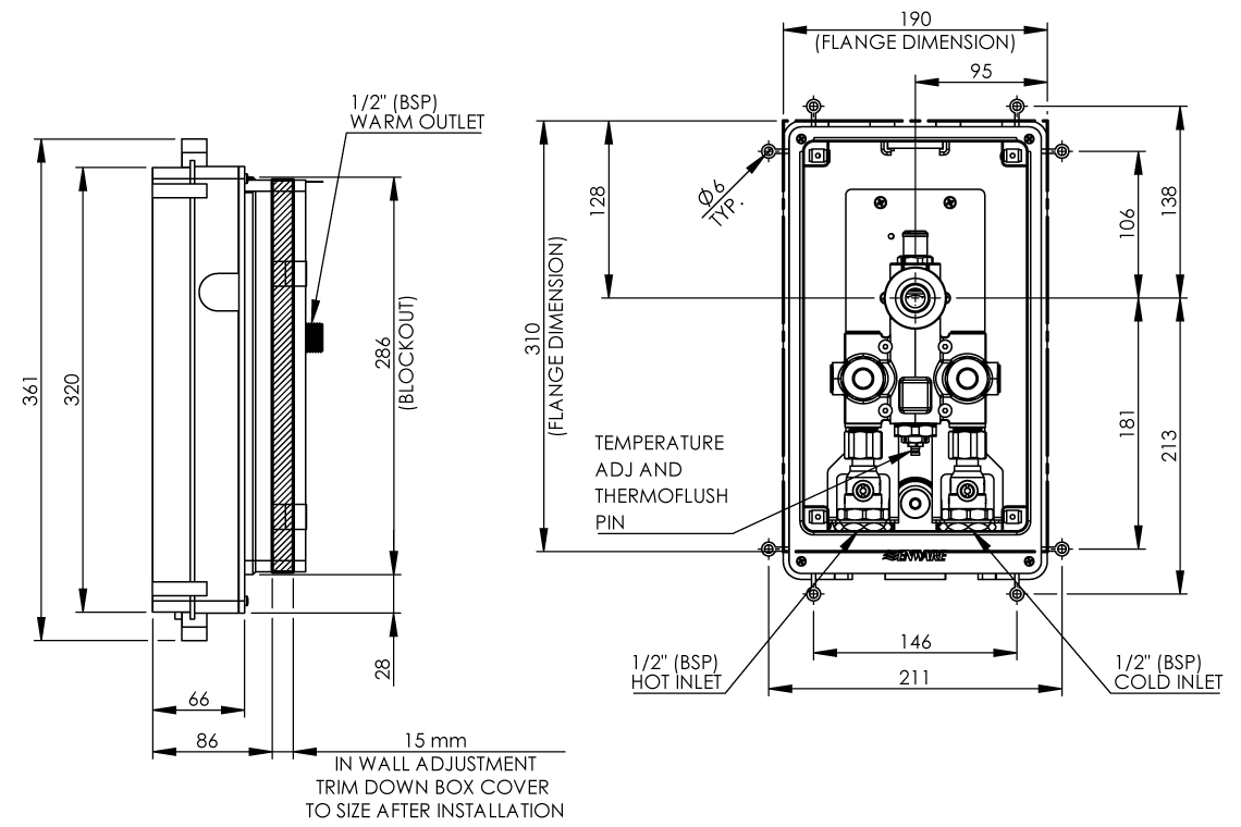 Aquablend eSQX LF Touch-Free Point-of-Use Thermostatic Wall Mixer Thermal Flush - Back of Wall Component - 3V Battery