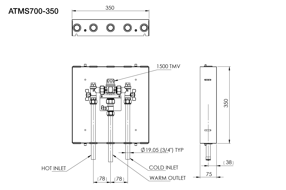 Aquablend 1500 TMV - Lift Lever Thermal Flush -350x350 SS Cabinet - HW/CW/WW Pipes at Bottom