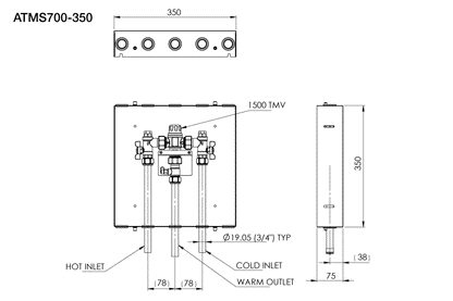 Aquablend 1500 TMV - Lift Lever Thermal Flush -350x350 SS Cabinet - HW/CW/WW Pipes at Bottom