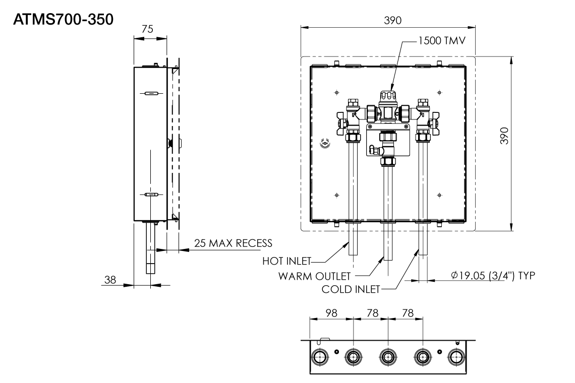 Aquablend 1500 TMV - Lift Lever Thermal Flush -350x350 SS Cabinet - HW/CW/WW Pipes at Bottom