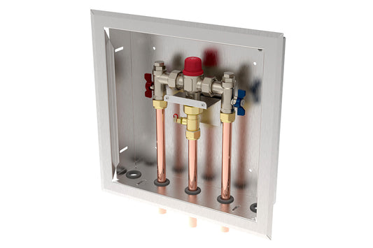 Aquablend 1500 TMV - Lift Lever Thermal Flush -350x350 SS Cabinet - HW/CW/WW Pipes at Bottom
