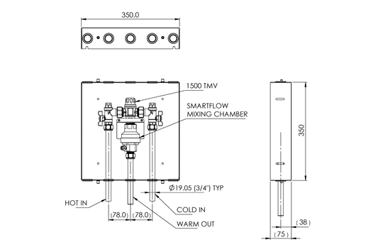 Aquablend 1500 TMV - Thermal Flush - 350x350 SS Cabinet - HW/CW/WW Pipes at Bottom - Smartflow - No Lid