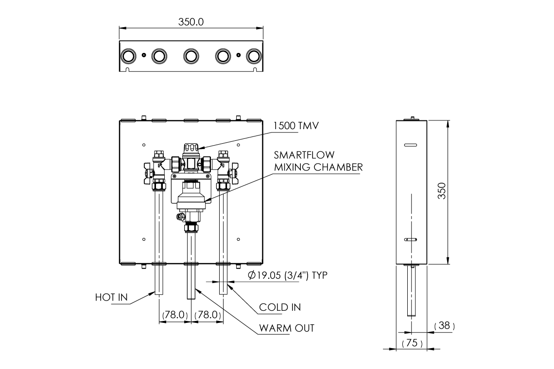 Aquablend 1500 TMV - Thermal Flush - 350x350 SS Cabinet - HW/CW/WW Pipes at Bottom - Smartflow - No Lid