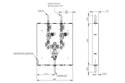 Aquablend 1500 TMV - Lift Lever Thermal Flush - in 430x500 SS Cabinet - HW/CW Inlets at Top, WW Pipe at Bottom and PRVs on inlets - Smartflow - No Lid