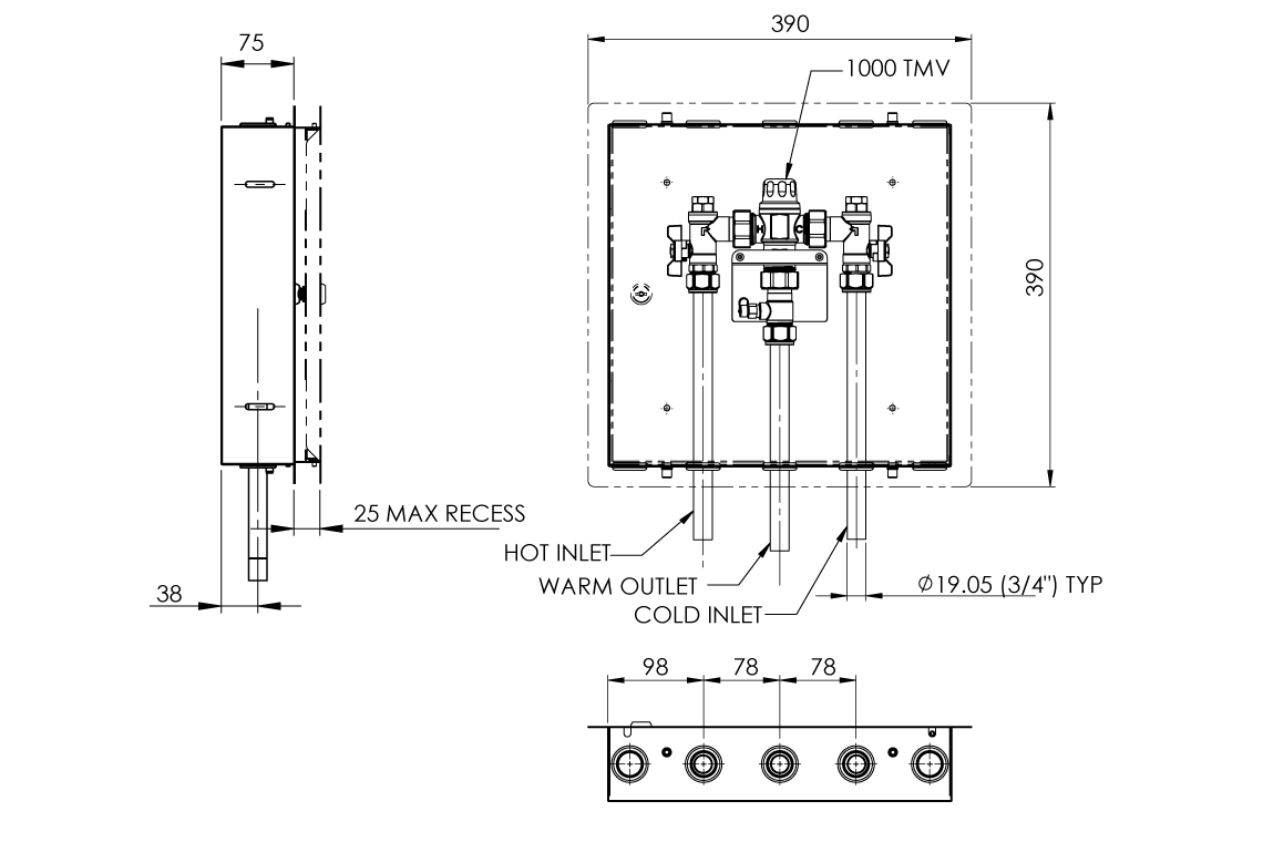 Aquablend 1000 Thermostatic Mixing Valve - 350x350 SS cabinet - HW/CW/WW Pipes at Bottom