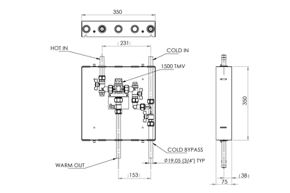 Aquablend: 1500 TMV - Lift Lever Thermal Flush - 350x350 SS Cabinet - HW/CW Inlets at Top BYPASS/WW Pipes at Bottom - No Lid