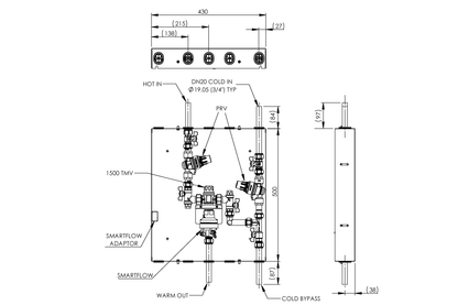 Aquablend 1500 TMV - Lift Lever Thermal Flush - in 430x500 SS Cabinet - HW/CW Inlets at Top. CW BYPASS/WW Pipes at Bottom and PRVs on inlets - Smartflow - No Lid