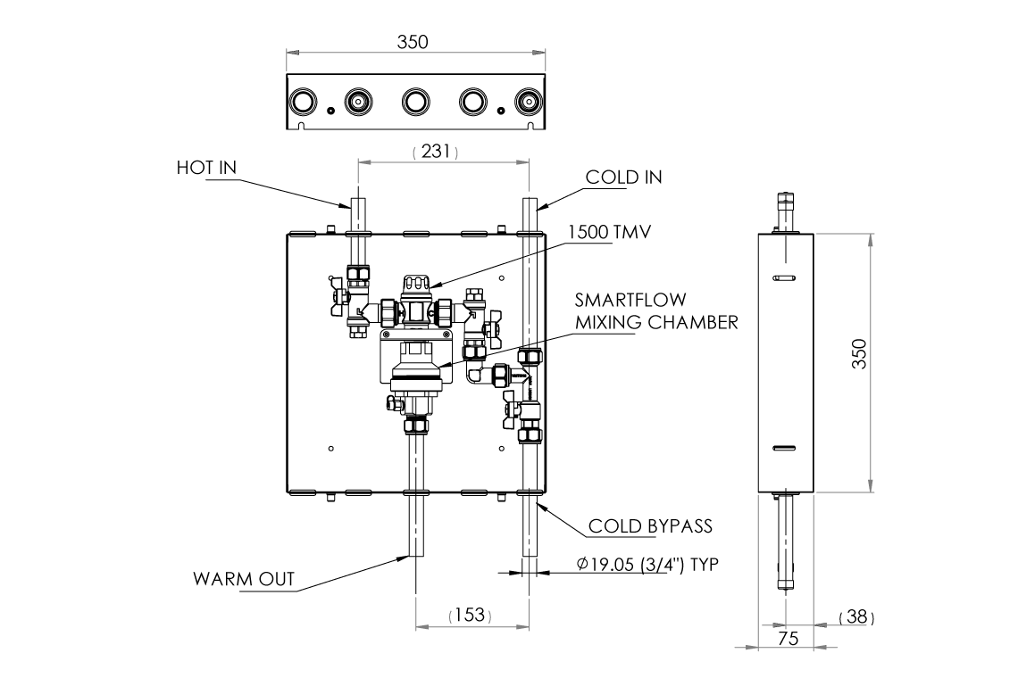 Aquablend 1500 TMV - Lift Lever Thermal Flush - 350x350 SS Cabinet - HW/CW Inlets at Top BYPASS/WW Pipes at Bottom-Smartflow - No Lid