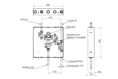 Aquablend 1500 TMV - Lift Lever Thermal Flush - 350x350 SS Cabinet - HW/CW Inlets at Top BYPASS/WW Pipes at Bottom-Smartflow - No Lid