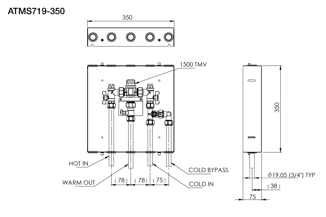 Aquablend 1500 TMV - Lift Lever Thermal Flush - 350x350 SS Cabinet - HW/CW/CW BYPASS/WW Pipes at Bottom