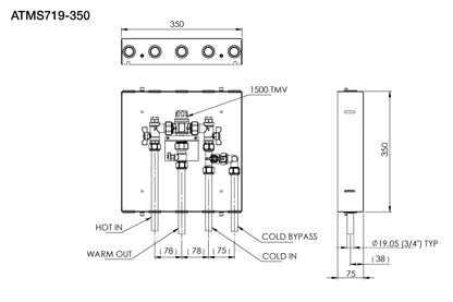 Aquablend 1500 TMV - Lift Lever Thermal Flush - 350x350 SS Cabinet - HW/CW/CW BYPASS/WW Pipes at Bottom