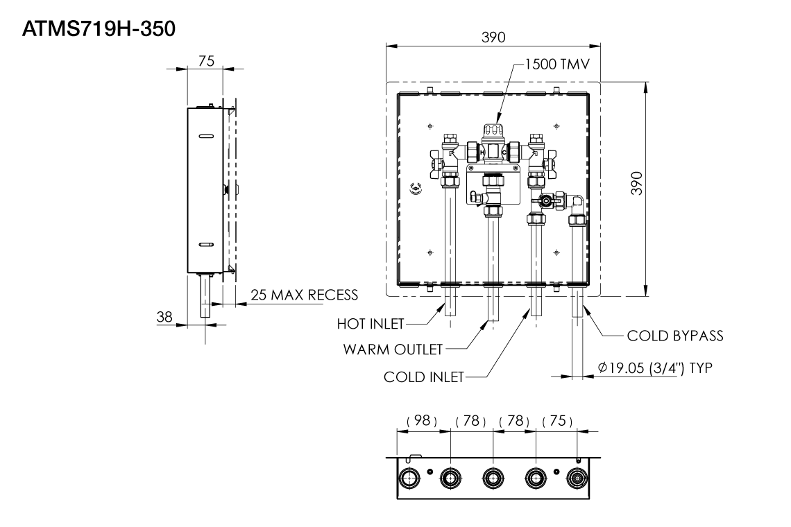 Aquablend 1500 TMV - Lift Lever Thermal Flush - 350x350 SS Cabinet - HW/CW/CW BYPASS/WW Pipes at Bottom