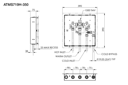 Aquablend 1500 TMV - Lift Lever Thermal Flush - 350x350 SS Cabinet - HW/CW/CW BYPASS/WW Pipes at Bottom