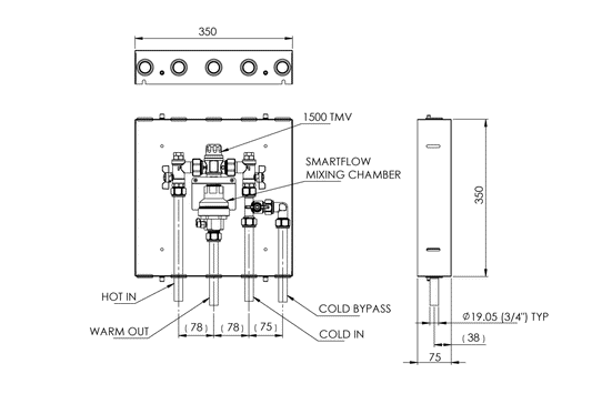 Aquablend 1500 TMV - Lift Lever Thermal Flush -350x350 SS cabinet - HW/CW/CW BYPASS/WW Pipes at Bottom - Smartflow - No Lid