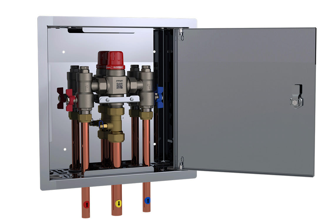 Aquablend 2500 Megamix TMV in Stainless Steel Hinged Lid Cabinet 20mm Inlet/25mm Outlet Tails