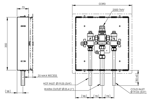 Aquablend 2500 Megamix TMV in Stainless Steel Hinged Lid Cabinet 20mm Inlet/25mm Outlet Tails