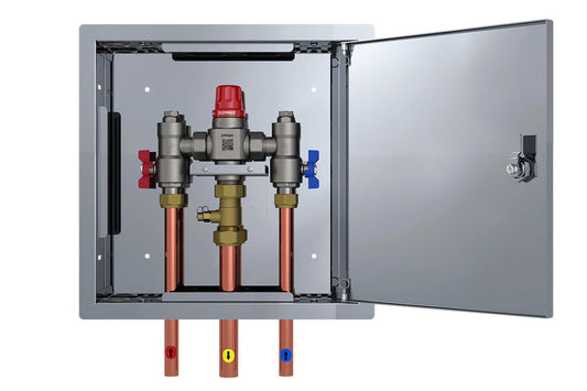 Aquablend 2500 Megamix TMV in Stainless Steel Hinged Lid Cabinet 20mm Inlet/25mm Outlet Tails