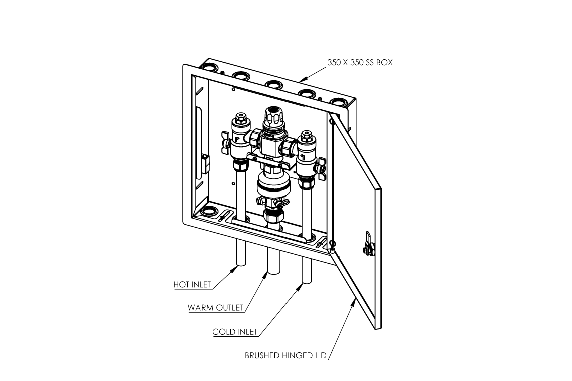 Aquablend 2500 Megamix  Smart Flow TMV in Stainless Steel Hinged Lid Cabinet 20mm Inlet/25mm Outlet Tails