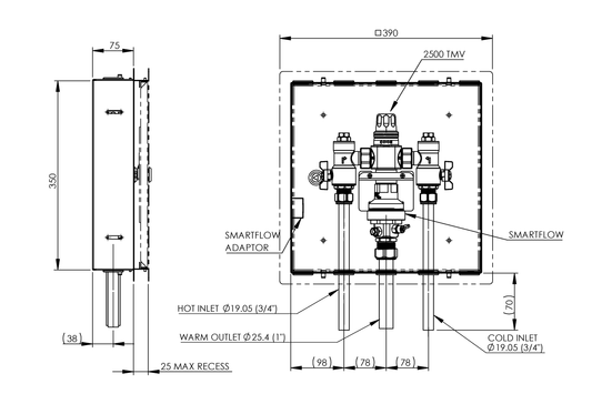 Aquablend 2500 Megamix  Smartflow TMV in Stainless Steel Hinged Lid Cabinet 20mm Inlet/25mm Outlet Tails