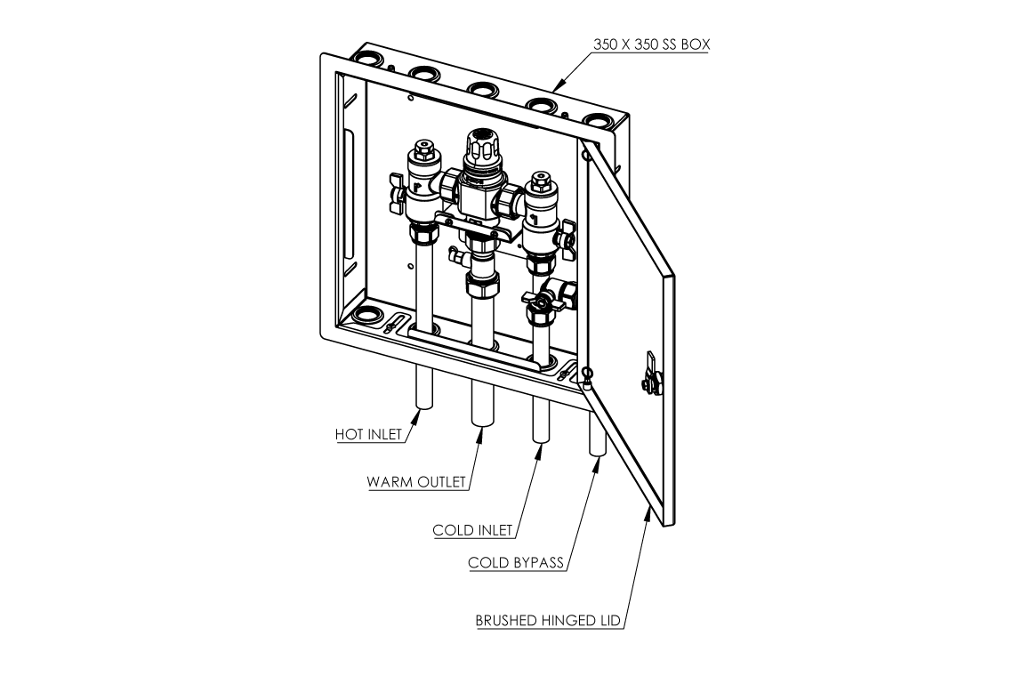 Aquablend 2500 Megamix TMV with CW bypass in Stainless Steel Hinged Lid Cabinet 20mm Inlet/Bypass/25mm Outlet Tails