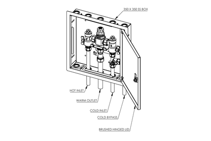 Aquablend 2500 Megamix TMV with CW bypass in Stainless Steel Hinged Lid Cabinet 20mm Inlet/Bypass/25mm Outlet Tails