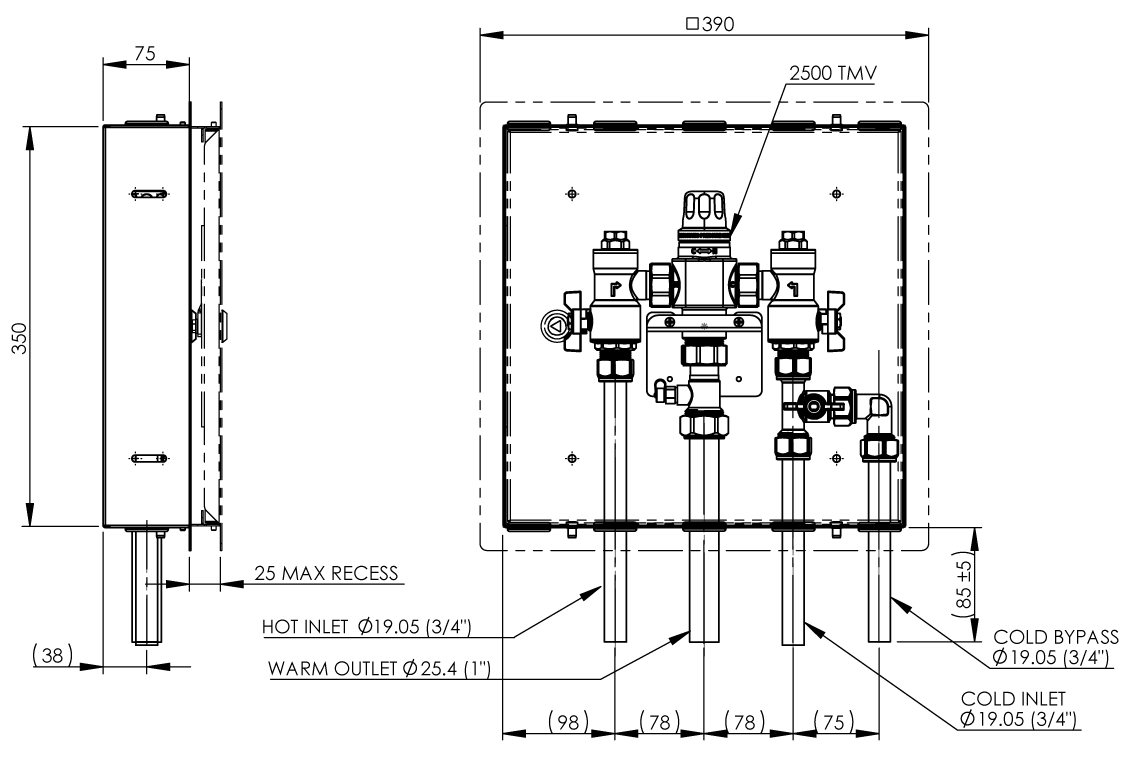 Aquablend 2500 Megamix TMV with CW bypass in Stainless Steel Hinged Lid Cabinet 20mm Inlet/Bypass/25mm Outlet Tails