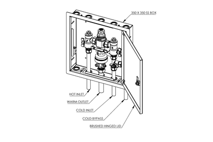 Aquablend 2500 Megamix  Smartflow TMV with CW bypass in Stainless Steel Hinged Lid Cabinet 20mm Inlet/Bypass/25mm Outlet Tails
