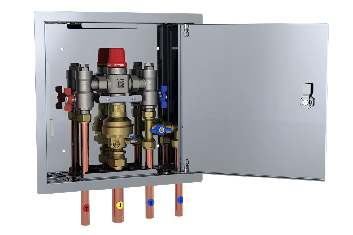 Aquablend 2500 Megamix  Smartflow TMV with CW bypass in Stainless Steel Hinged Lid Cabinet 20mm Inlet/Bypass/25mm Outlet Tails