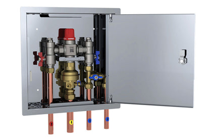 Aquablend 2500 Megamix  Smartflow TMV with CW bypass in Stainless Steel Hinged Lid Cabinet 20mm Inlet/Bypass/25mm Outlet Tails