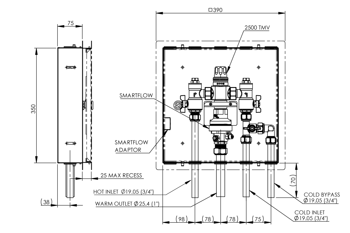 Aquablend 2500 Megamix  Smartflow TMV with CW bypass in Stainless Steel Hinged Lid Cabinet 20mm Inlet/Bypass/25mm Outlet Tails