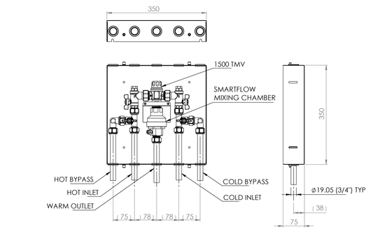 Aquablend 1500 TMV Lift Lever Thermal Flush 350x350 SS Cabinet - HW/CW/CW+HW Bypass/WW Pipes at Bottom - with No Lid - Smartflow Enabled