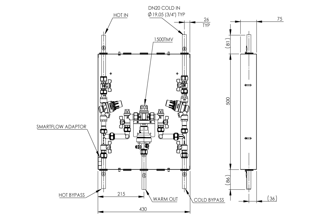 Aquablend 1500 TMV - Lift Lever Thermal Flush - in 430x500 SS Cabinet - HW/CW Inlets at Top, BYPASS/WW Pipes at Bottom and PRVs on inlets - Smartflow - No Lid