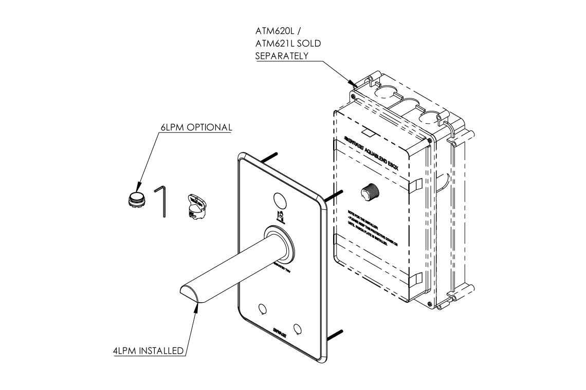 Aquablend eSQX MK2 Touch-Free On Demand Point-of-Use Thermostatic Wall Mixer with 200mm Spout 4/6Lpm Laminar Mains/Battery - Front of Wall Component