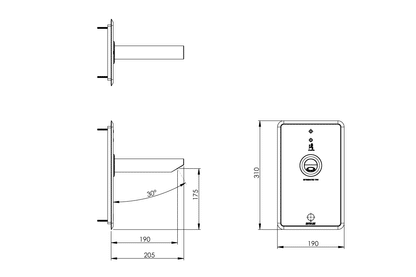Aquablend: eSQX - Touch-Free - On Demand Sensor Point-of-Use Thermostatic Wall Mixer - Front of Wall Component - 12V Mains - 200mm Spout