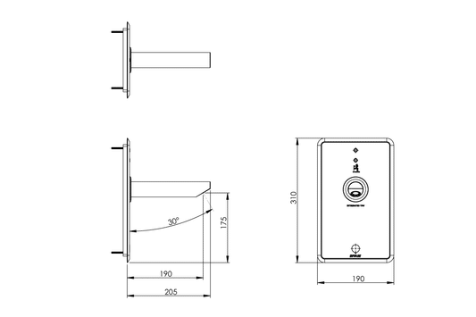 Aquablend: eSQX - Touch-Free - On Demand Sensor Point-of-Use Thermostatic Wall Mixer - Front of Wall Component - 12V Mains - 200mm Spout