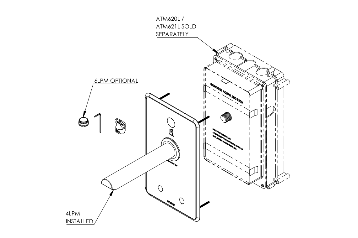 Aquablend eSQX MK2 Touch-Free On Demand Point-of-Use Thermostatic Wall Mixer with 230mm Spout 4/6lpm Laminar Mains/Battery - Front of Wall Component