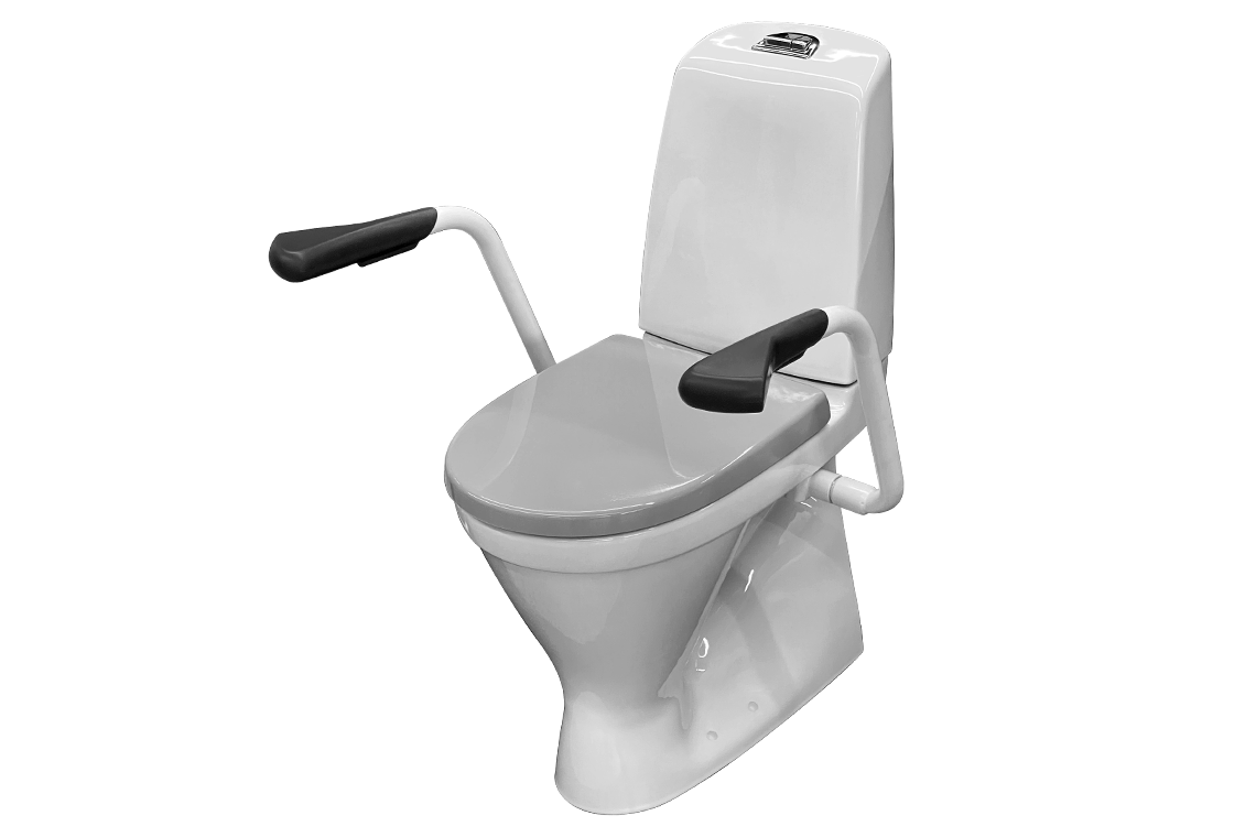 Care 720 Raised Height Toilet, S Trap, Raised Dual Flush Button, Grey Soft Close Seat, White Support Arms