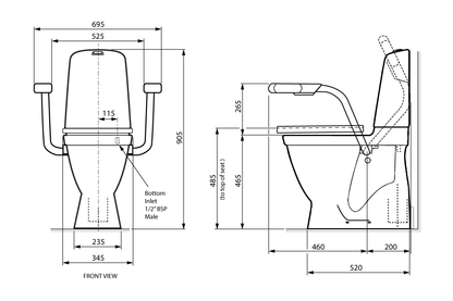 Care 720 Raised Height Toilet, S Trap, Double Flap Grey Care Seat, White Support Arms