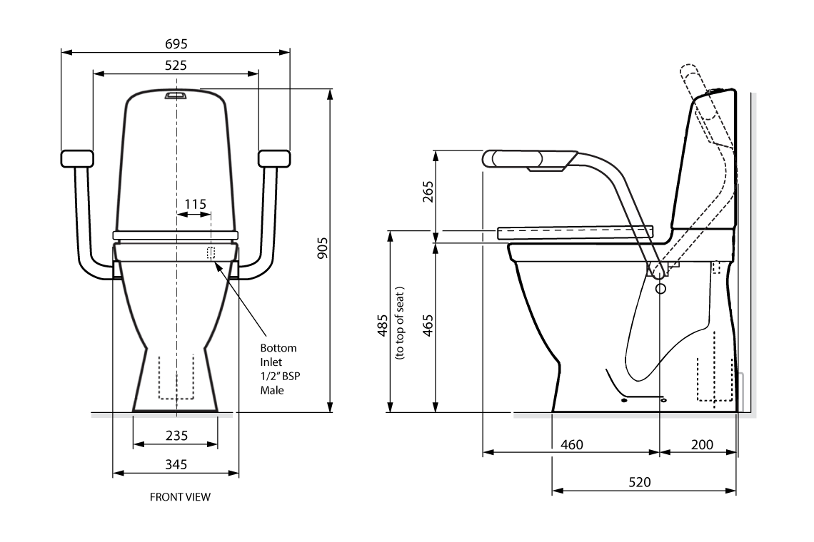 Care 720 Raised Height Toilet, S Trap, Single Flap Grey Care Seat, White Support Arms