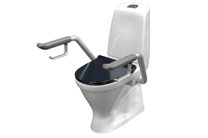 Care 721 Raised Height Toilet, S Trap, Double Flap Blue Soft Close Seat, Grey Support Arms